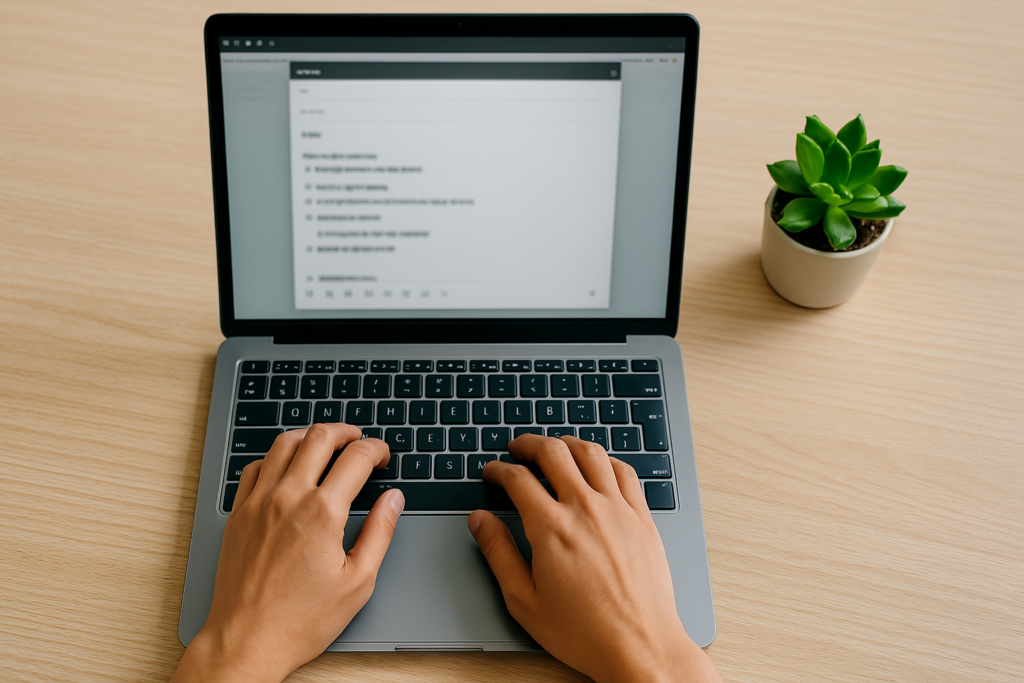 Writing Emails Top-down view (or slightly angled close-up) of hands resting calmly on a modern laptop keyboard on a clean, minimalist wooden desk. The laptop screen shows a blurred but clearly structured email draft with short paragraphs/bullet points. A small, healthy green succulent plant sits neatly beside the laptop. Soft, natural morning light.